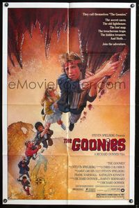 5p374 GOONIES 1sh '85 Josh Brolin, teen adventure classic, Drew Struzan art!