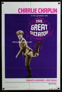 5p379 GREAT DICTATOR 1sh R72 wacky image of Charlie Chaplin kicking globe!