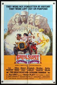 5p383 GREAT SCOUT & CATHOUSE THURSDAY 1sh '76 wacky art of Lee Marvin & cast in Mount Rushmore!