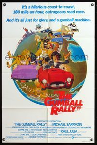 5p390 GUMBALL RALLY style A 1sh '76 Michael Sarrazin, wacky art of car racing around the world!
