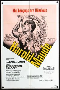 5p416 HAROLD & MAUDE 1sh R79 wacky artwork of Ruth Gordon & Bud Cort strangling himself with tie!