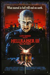 5p447 HELLRAISER III 1sh '92 Clive Barker, great close up image of Pinhead holding cube!