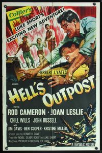 5p449 HELL'S OUTPOST 1sh '55 stone litho of Rod Cameron fighting John Russell, Joan Leslie watches!