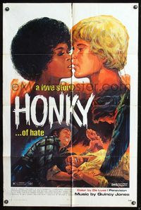 5p467 HONKY 1sh '71 Ben Kudo interracial love artwork, a love story of hate!