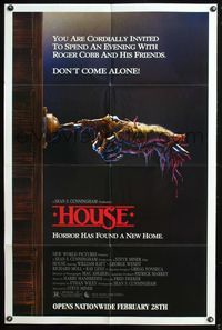 5p470 HOUSE advance 1sh '86 great artwork of severed hand ringing doorbell, don't come alone!