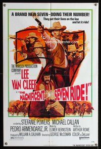 5p574 MAGNIFICENT SEVEN RIDE 1sh '72 art of cowboy Lee Van Cleef firing six-shooter!