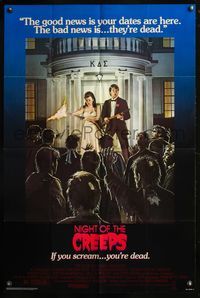 5p646 NIGHT OF THE CREEPS 1sh '86 great wacky art of guy and his date fighting off zombies!