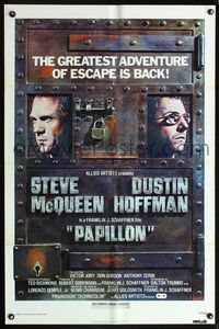 5p688 PAPILLON 1sh R77 cool different art of prisoners Steve McQueen & Dustin Hoffman!