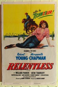 5p720 RELENTLESS 1sh R53 Robert Young, Marguerite Chapman, strange drama in the High Sierras!