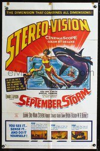 5p748 SEPTEMBER STORM 1sh '60 sexy Joanne Dru, cool shark, the miracle of stereo-vision!