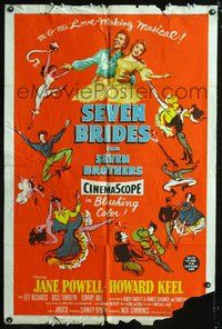 5p751 SEVEN BRIDES FOR SEVEN BROTHERS 1sh '54 art of Jane Powell & Howard Keel, classic MGM musical