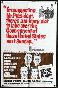 5p752 SEVEN DAYS IN MAY 1sh '64 Burt Lancaster, Kirk Douglas, Fredric March, Ava Gardner!