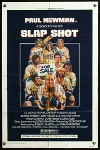 5p775 SLAP SHOT style A 1sh '77 hockey, great art of Paul Newman & cast by Craig!