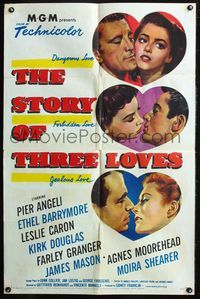 5p813 STORY OF THREE LOVES 1sh '53 Kirk Douglas, Pier Angeli, Leslie Caron, Granger, Mason!