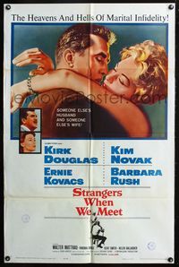 5p814 STRANGERS WHEN WE MEET 1sh '60 Kirk Douglas embracing sexy Kim Novak, who is not his wife!