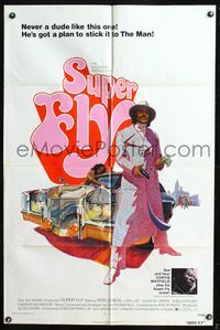 5p825 SUPER FLY 1sh '72 great artwork of Ron O'Neal with car & girl sticking it to The Man!