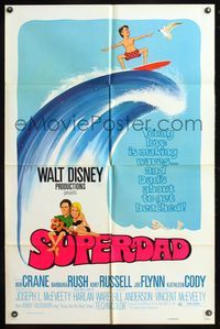 5p827 SUPERDAD 1sh '74 Walt Disney, wacky art of surfing Bob Crane & Kurt Russell w/guitar!