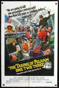 5p837 TAKING OF PELHAM ONE TWO THREE 1sh '74 cool subway train hijack art by Mort Kunstler!