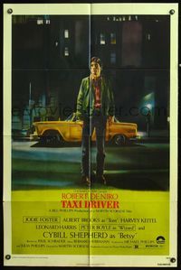 5p845 TAXI DRIVER 1sh '76 classic art of Robert De Niro by cab, directed by Martin Scorsese!