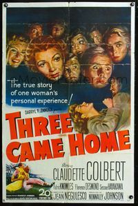 5p874 THREE CAME HOME 1sh '49 artwork of Claudette Colbert & prison women without their men!