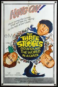 5p875 THREE STOOGES GO AROUND THE WORLD IN A DAZE 1sh '63 wacky art of Moe, Larry & Curly-Joe!