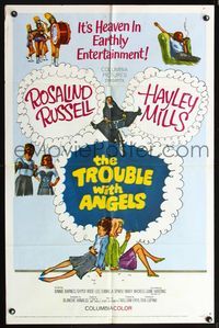 5p907 TROUBLE WITH ANGELS 1sh '66 art of Hayley Mills on bike with nun Rosalind Russell!