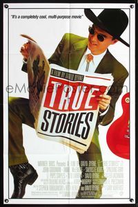5p915 TRUE STORIES gray credits 1sh '86 giant image of star & director David Byrne reading newspaper