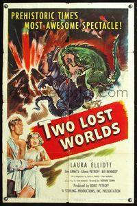 5p924 TWO LOST WORLDS 1sh '50 Kasey Rogers, James Arness, dinosaurs, most awesome spectacle!