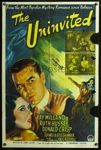 5p933 UNINVITED style A 1sh '44 Ray Milland, Ruth Hussey, introducing Gail Russell, cool art!