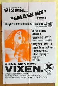 5p945 VIXEN reviews 1sh '68 classic Russ Meyer, sexy naked Erica Gavin!