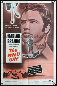 5p967 WILD ONE 1sh R60 portrait art of ultimate biker Marlon Brando, Mary Murphy!