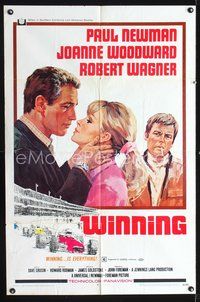 5p972 WINNING 1sh '69 Paul Newman, Joanne Woodward, Indy car racing art by Howard Terpning!