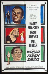 5p985 WORLD, THE FLESH & THE DEVIL 1sh '59 Inger Stevens between Harry Belafonte & Mel Ferrer!