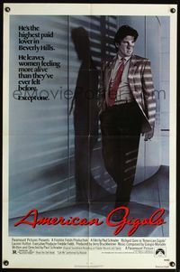 5q023 AMERICAN GIGOLO 1sh '80 handsomest male prostitute Richard Gere is being framed for murder!
