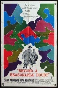 5q074 BEYOND A REASONABLE DOUBT 1sh '56 Fritz Lang noir, art of Dana Andrews & Joan Fontaine!