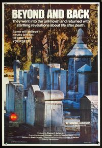 5q073 BEYOND & BACK 1sh '77 documentary of near death experiences, spooky graveyard image!