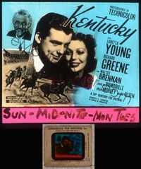 5t067 KENTUCKY glass slide '38 pretty Loretta Young, Richard Greene, cool horse racing image!