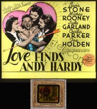 5t073 LOVE FINDS ANDY HARDY glass slide '38 Judy Garland, Parker & Holden surround Mickey Rooney!