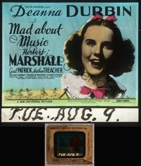 5t074 MAD ABOUT MUSIC glass slide '38 huge close up headshot portrait of singing Deanna Durbin!