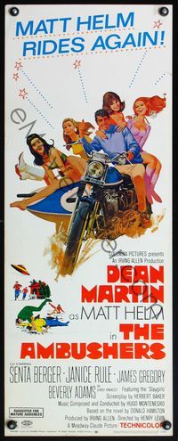 5r023 AMBUSHERS insert '67 art of Dean Martin as Matt Helm with sexy Slaygirls on motorcycle!