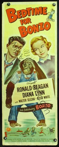 5r048 BEDTIME FOR BONZO insert '51 art of chimpanzee between Ronald Reagan & Diana Lynn!