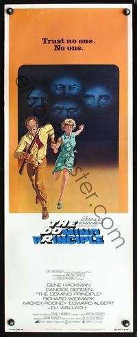 5r127 DOMINO PRINCIPLE insert '77 cool art of Gene Hackman & Candice Bergen fleeing from eyes!