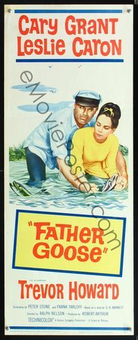 5r145 FATHER GOOSE insert '65 art of sea captain Cary Grant & pretty Leslie Caron in water!
