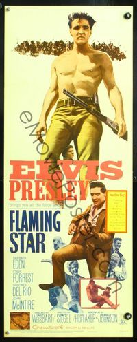 5r154 FLAMING STAR insert '60 Elvis Presley playing guitar & close up with rifle, Barbara Eden