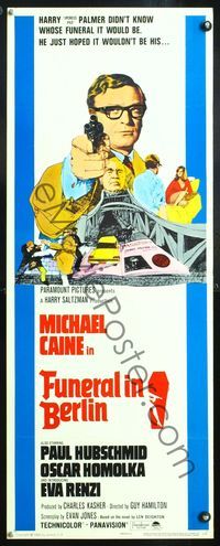 5r164 FUNERAL IN BERLIN insert '67 cool art of Michael Caine pointing gun, directed by Guy Hamilton