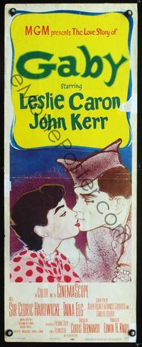 5r166 GABY insert '56 wonderful close up art of soldier John Kerr kissing Leslie Caron!