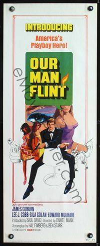 5r385 OUR MAN FLINT insert '66 Bob Peak art of James Coburn, sexy James Bond spy spoof!
