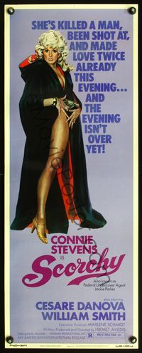 5r482 SCORCHY insert '76 full-length art of sexiest barely-dressed Connie Stevens in black cape!