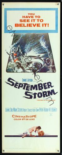5r500 SEPTEMBER STORM insert '60 cool artwork of sexy scuba diver Joanne Dru attacked by shark!