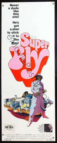 5r590 SUPER FLY insert '72 great artwork of Ron O'Neal with car & girl sticking it to The Man!